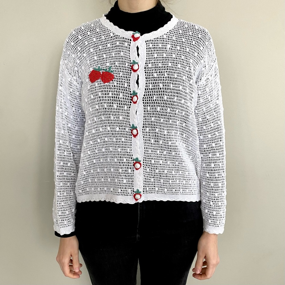 Handmade crochet knit strawberry cardigan sweater. 🤍